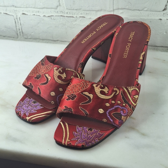 Tracy Porter Shoes - Tracy Porter Red Patterned Satin Mules with Purple Accents